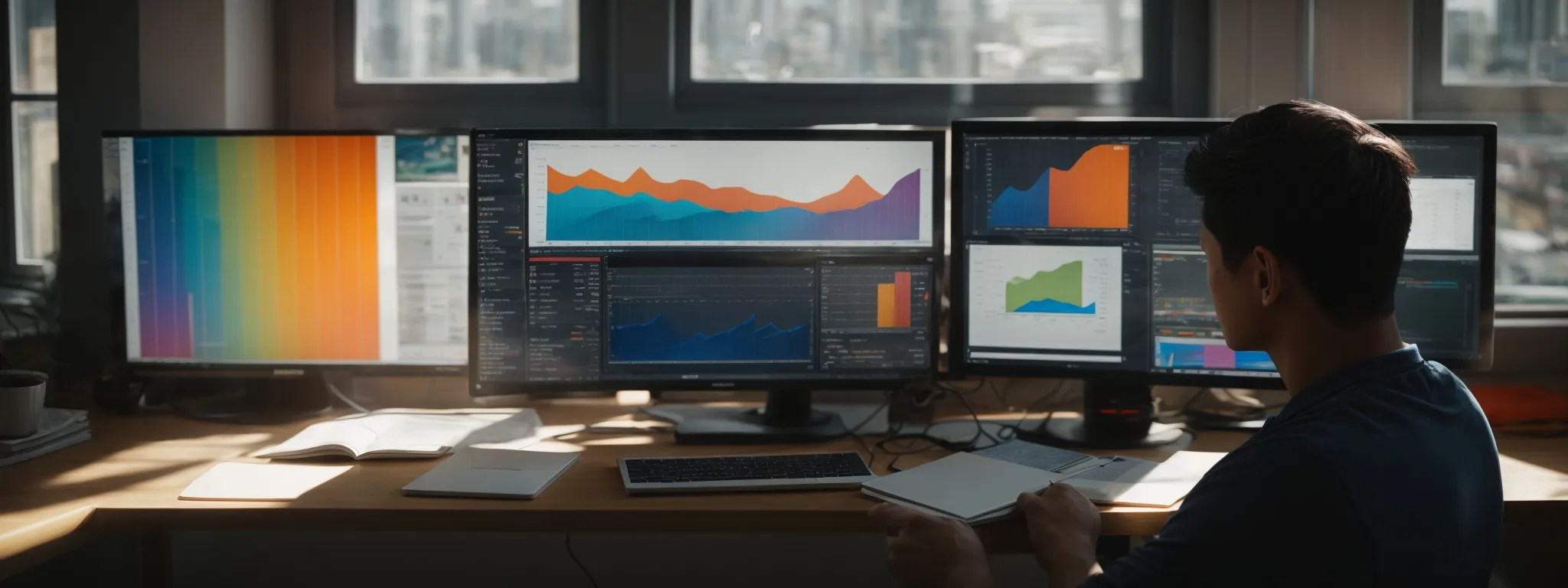 a person intently studying a vibrant computer screen displaying colorful graphs and keyword statistics as sunlight filters through a nearby window onto their desk.