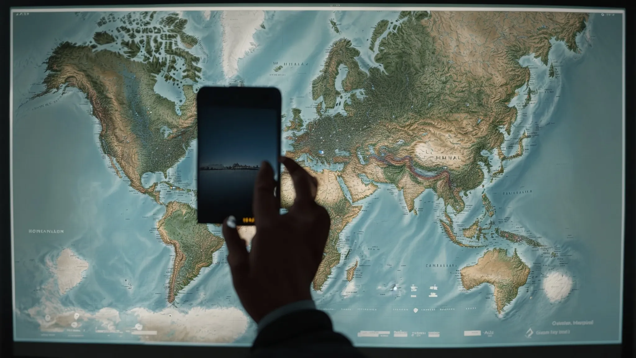 a person clicking on a world map interface on a touchscreen device, symbolizing global keyword analysis.