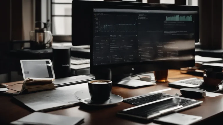 a person sitting at a desk with a computer displaying graphs and keywords on the screen, surrounded by notebooks and a cup of coffee.