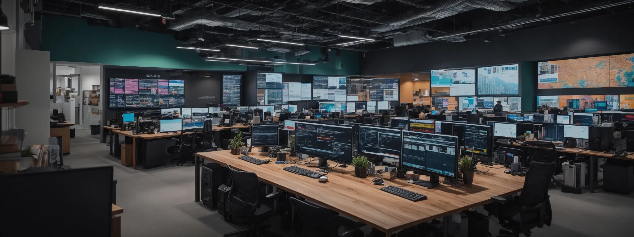 a bustling digital marketing office with multiple screens displaying colorful data analytics and seo tools.