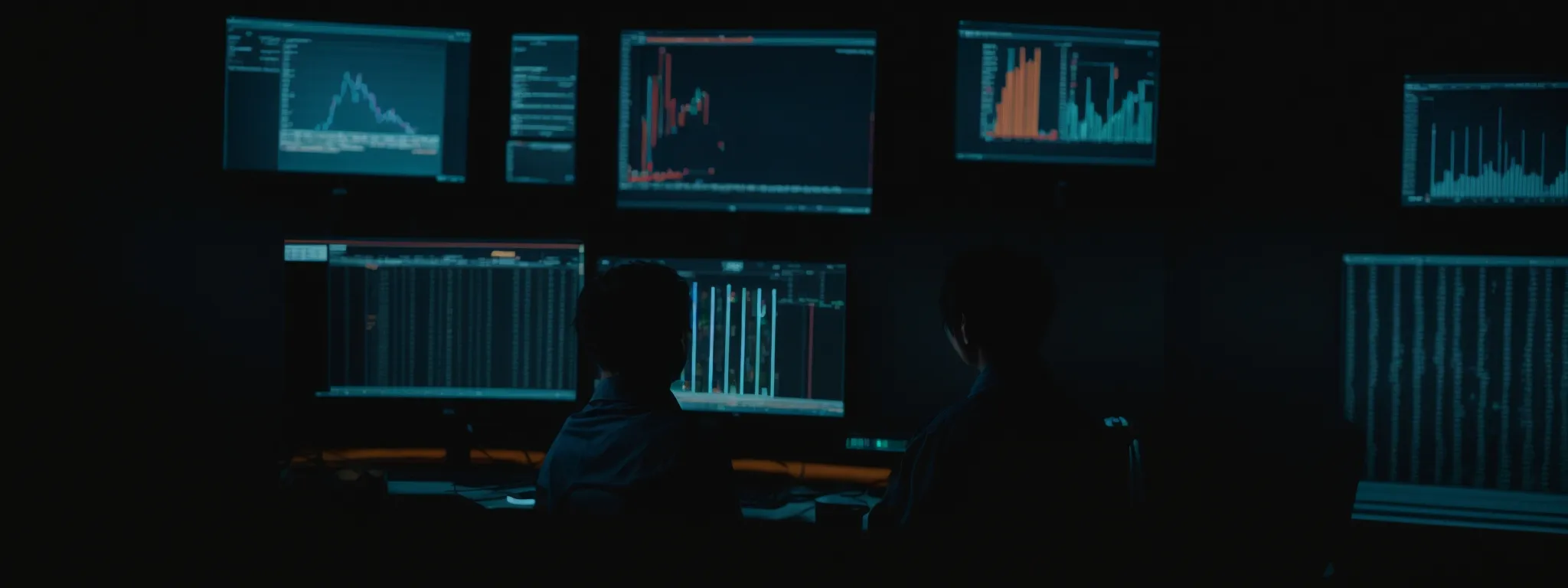 a person sitting at a computer monitors complex digital analytics dashboards.