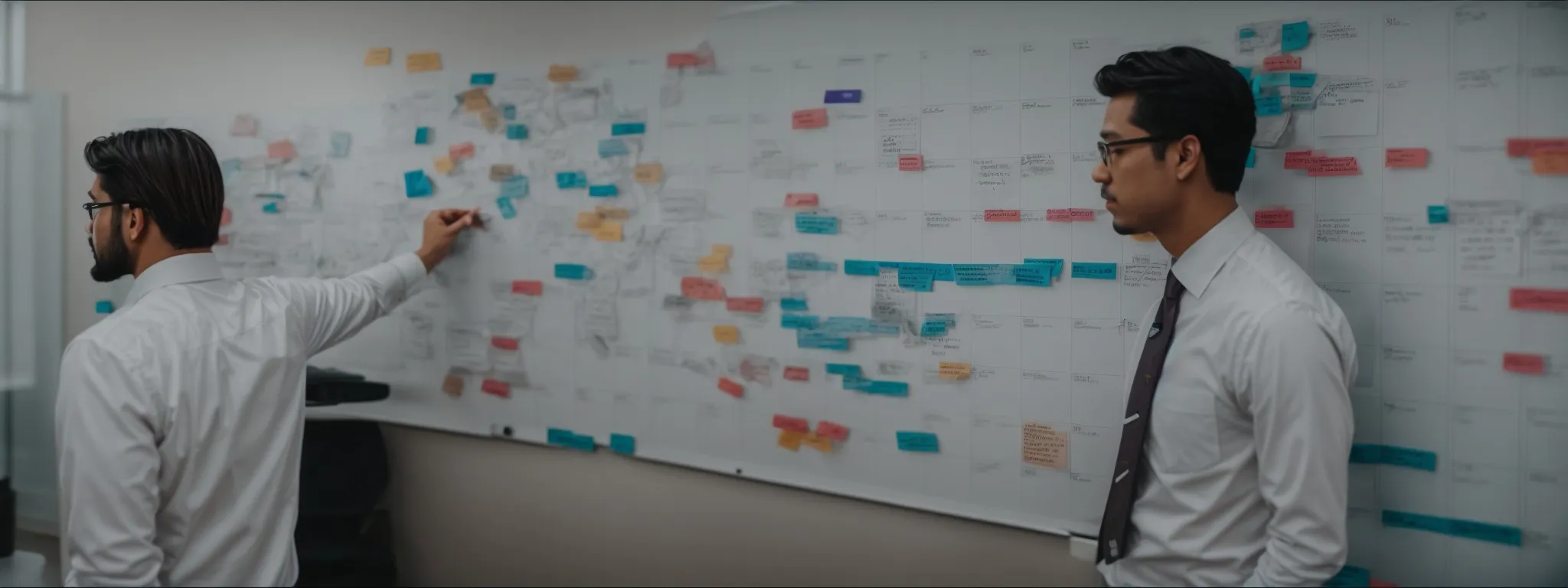 a marketer plots a content calendar on a large whiteboard filled with topic clusters connected to focal keywords.