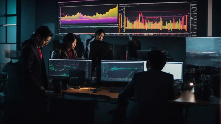 a team gathered in a modern office, intensely focused around a glowing computer screen displaying colorful analytics graphs.