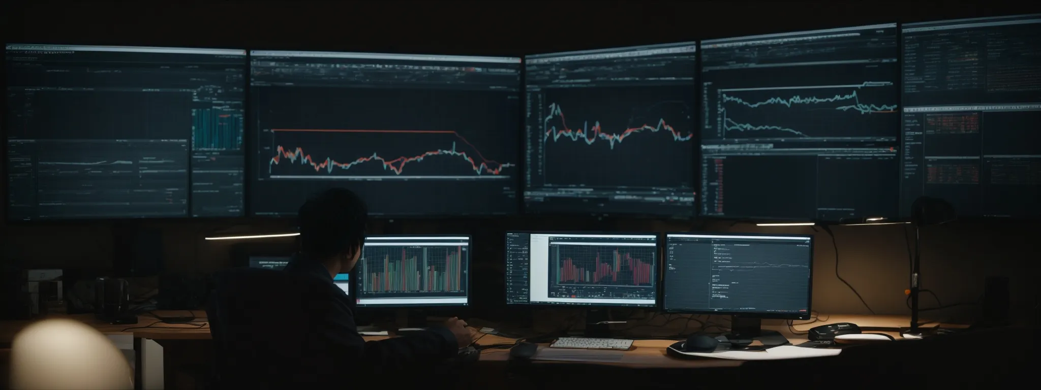 a person sitting at a desk views analytics graphs on a computer screen to refine their digital content strategy.