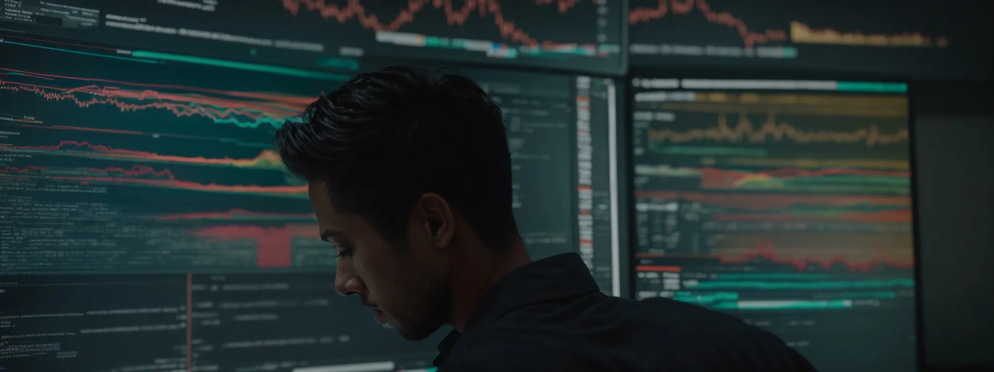 a determined individual closely examines a vibrant display of fluctuating search engine rankings on a high-resolution computer screen.