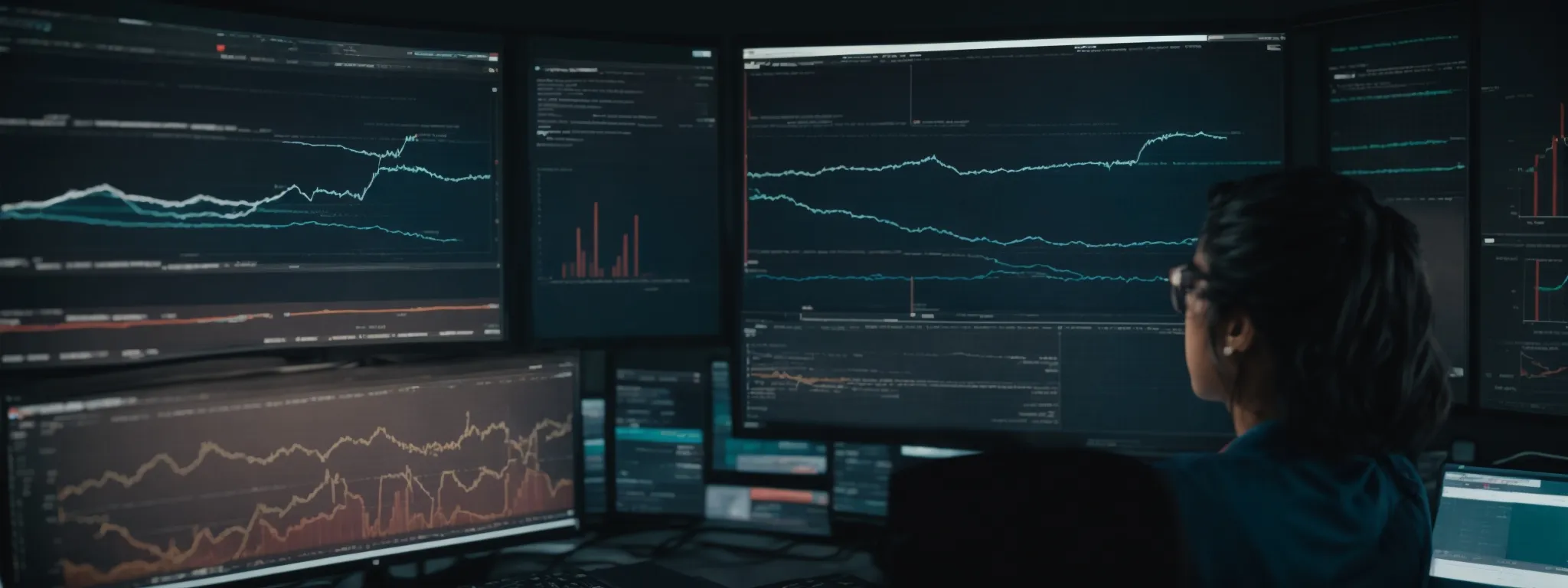 a determined marketer analyzes voluminous data charts on a computer screen, unveiling a constellation of new keyword opportunities.
