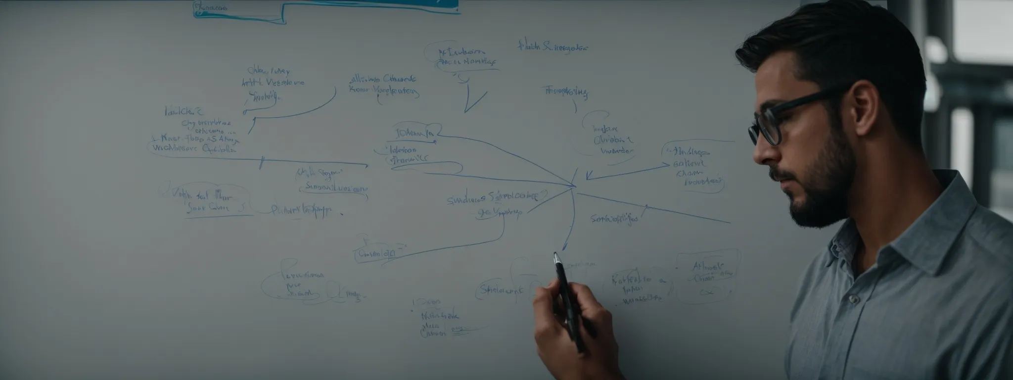a marketer plots a keyword strategy on a whiteboard, sketching out a plan to enhance a brand's online visibility.