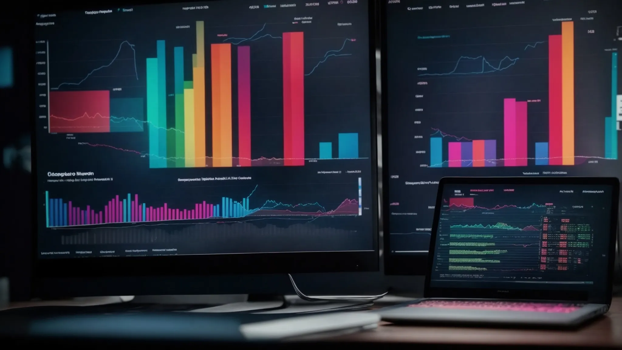 a computer screen displaying colorful data analytics graphs and charts signifying ai-powered keyword research insights.