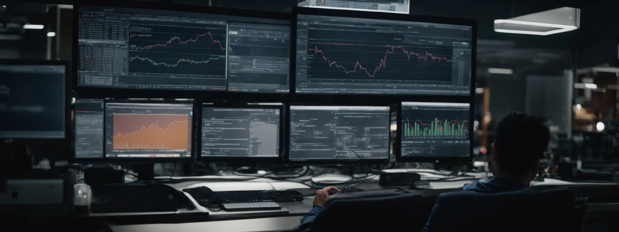a person working intently on a computer with multiple analytics, data visualization, and seo tools open on the screen.