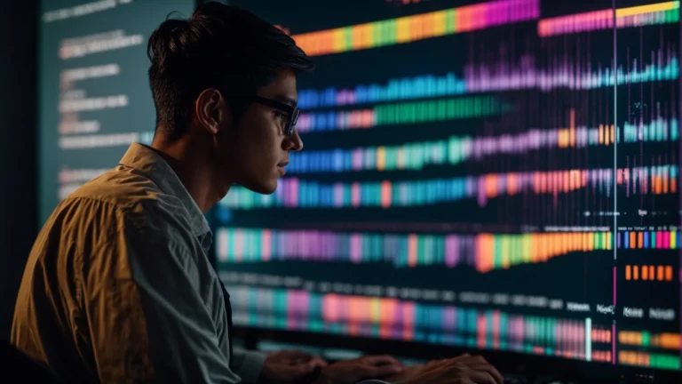 a person sitting at a computer analyzing colorful keyword data charts on the screen.