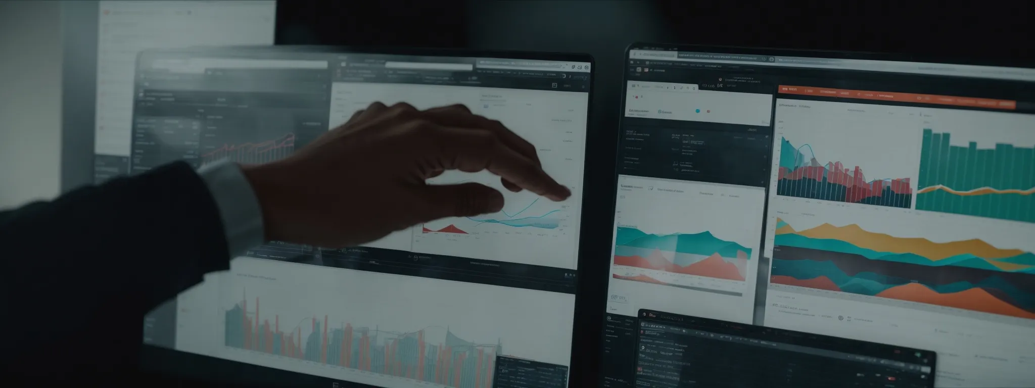 a marketer analyzes charts and graphs on a computer screen, outlining a content strategy for seo.