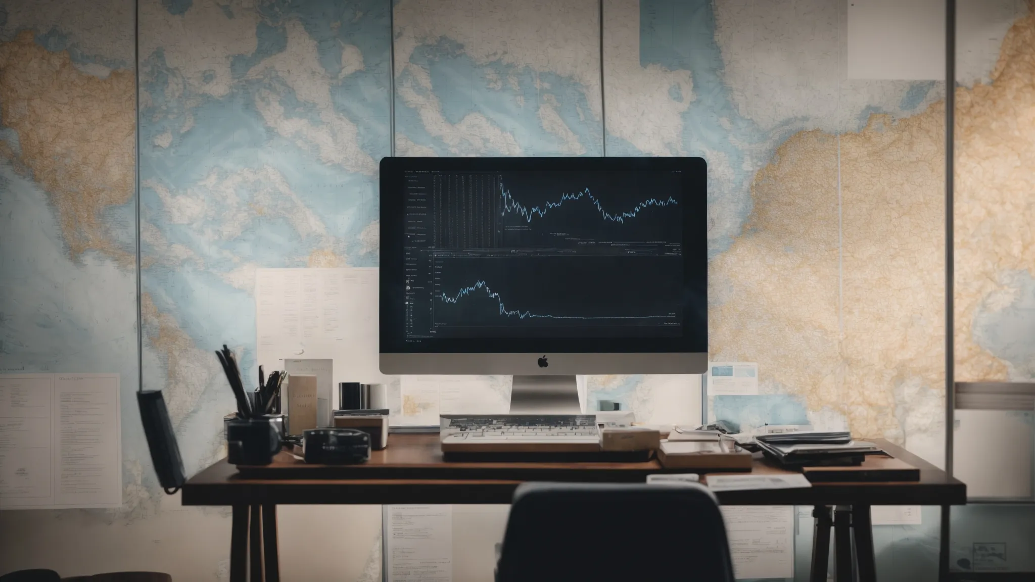 a person sits at a desk surrounded by maps and graphs, analyzing data on a computer screen.