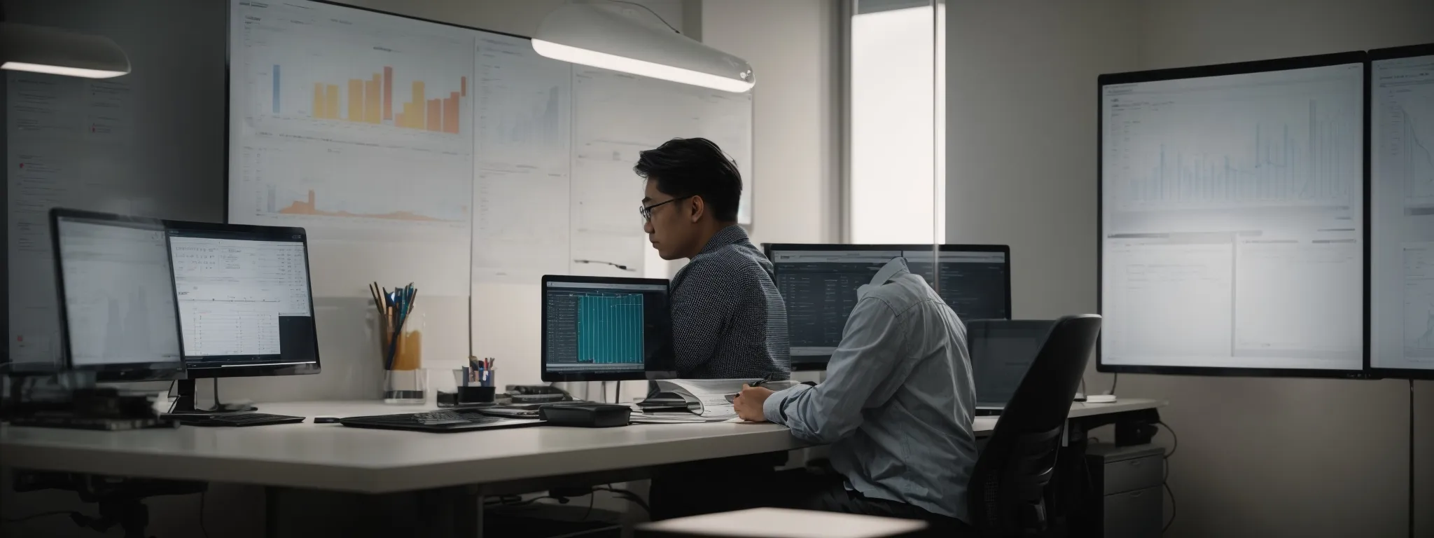 a person sitting at a modern desk intently studies analytical charts on a computer screen in a well-lit, minimalist office.