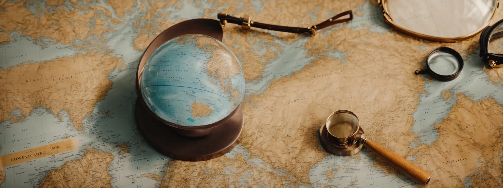 a globe surrounded by various market icons and a magnifying glass focusing on a specific region.
