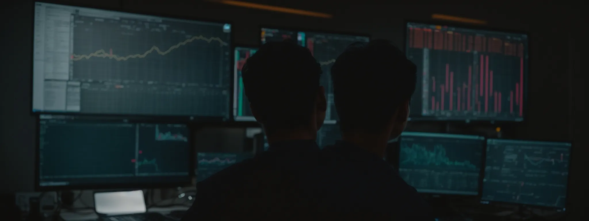a person sitting in front of a computer, analyzing graphs and data trends on the screen.