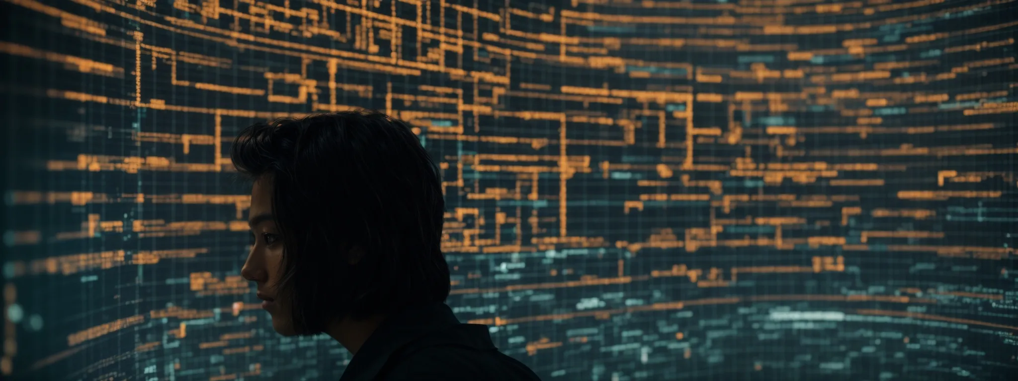 a person illuminated by the glow of a computer screen sifts through a labyrinthine data chart, representing the search for valuable keywords.