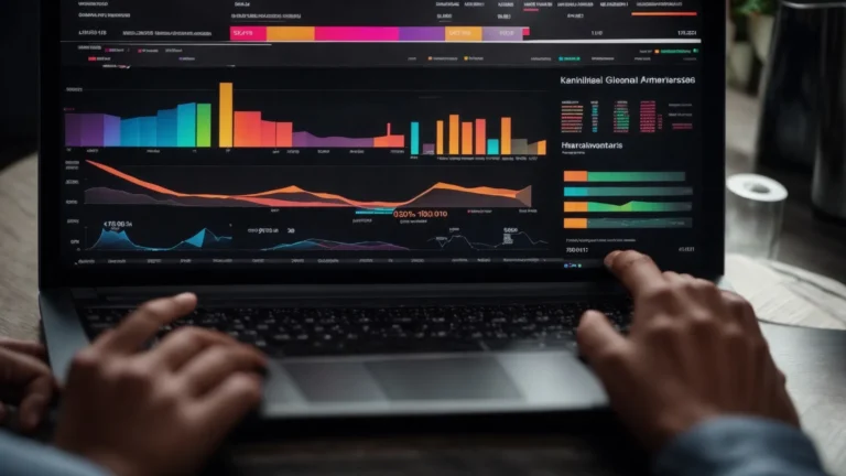 a person clicking on a laptop displaying colorful graphs and charts related to digital marketing analytics.