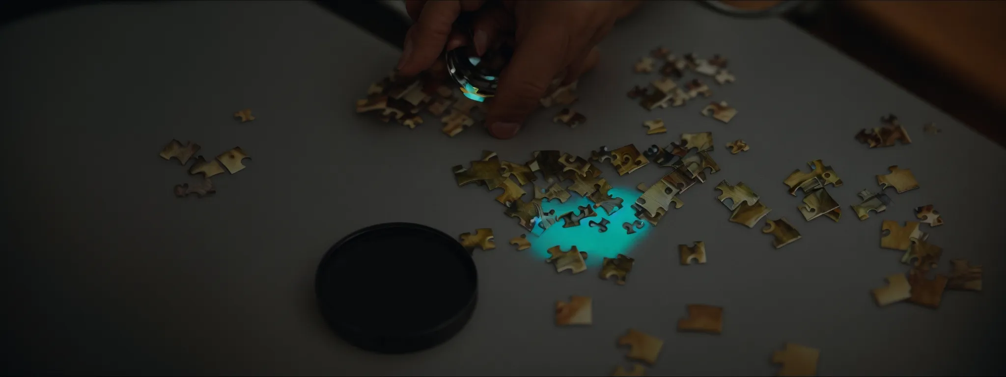 a person looking through a magnifying glass at a jigsaw puzzle, with some pieces glowing to represent valuable findings.