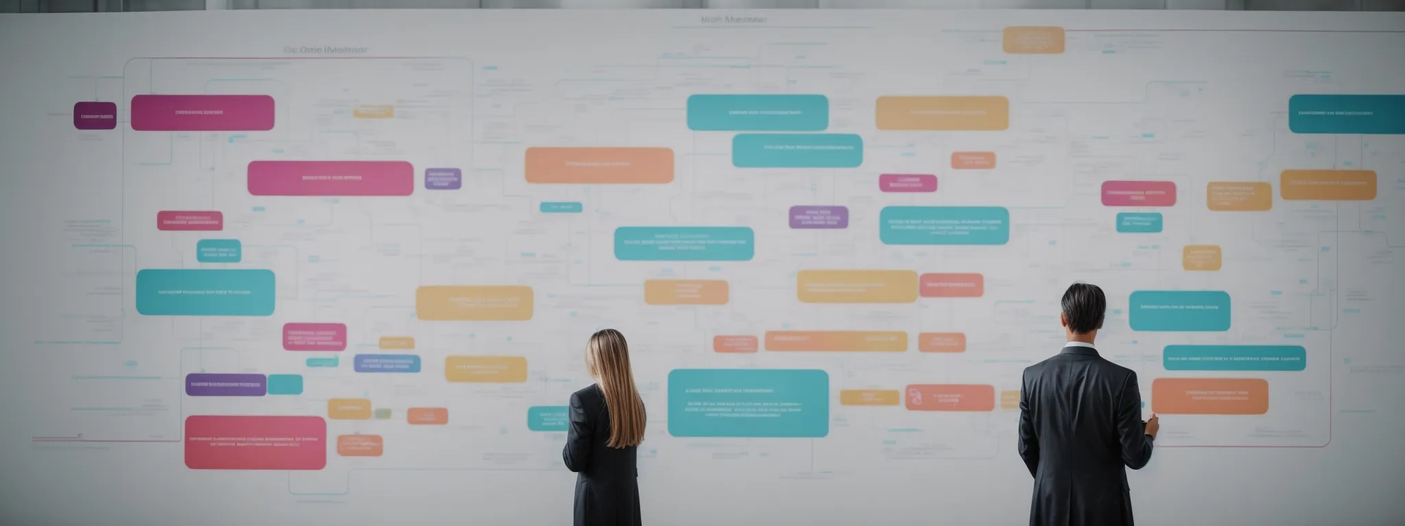 a digital marketer stands before a large touchscreen displaying a colorful flowchart that represents the different stages of the customer journey, with keyword clusters strategically placed along the path.