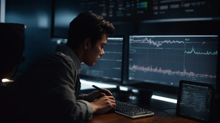 a person is sitting in front of a computer, studying graphs and keyword trends on the screen.