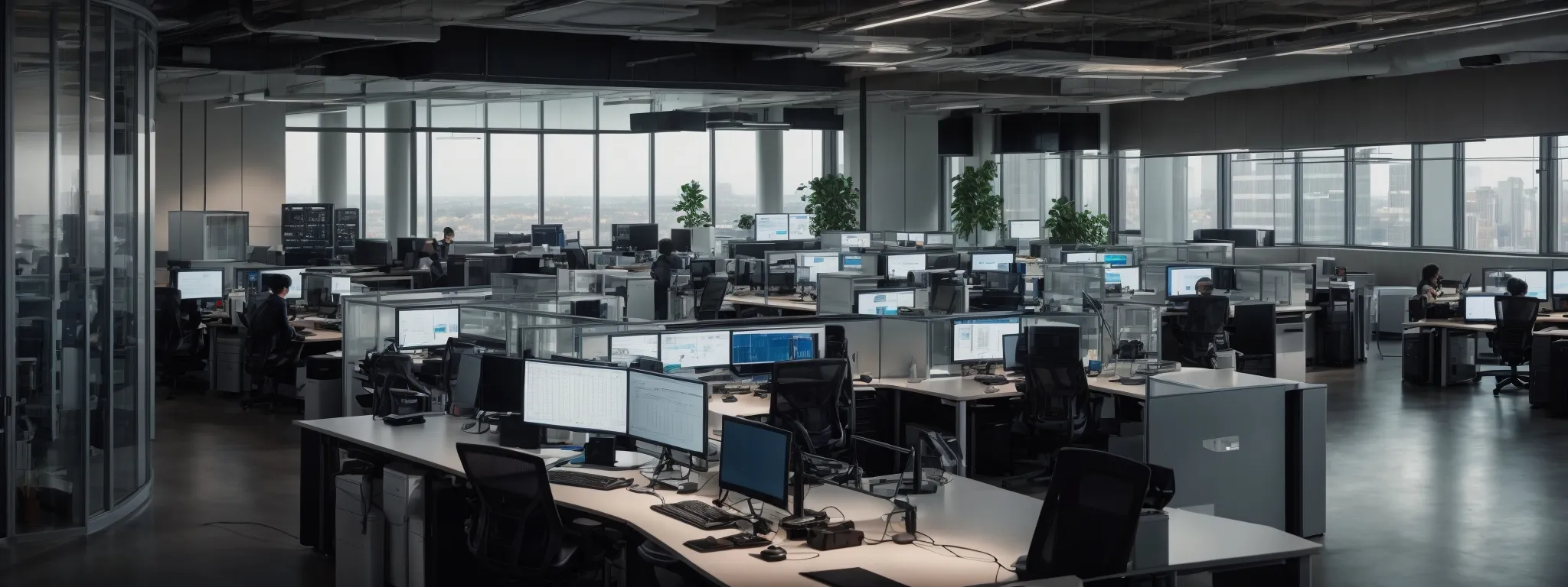 a panoramic view of a modern office space with an array of computers displaying charts and analytics on their screens.