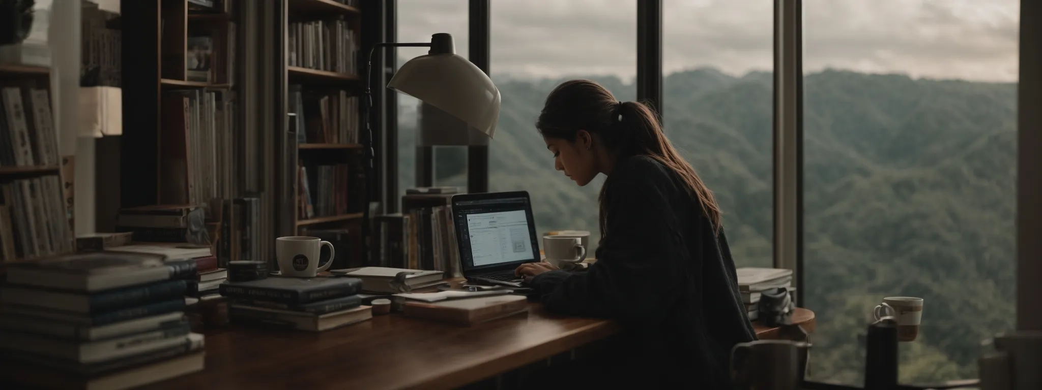 a person thoughtfully typing on a laptop, surrounded by books and a cup of coffee, with a serene view through a nearby window.