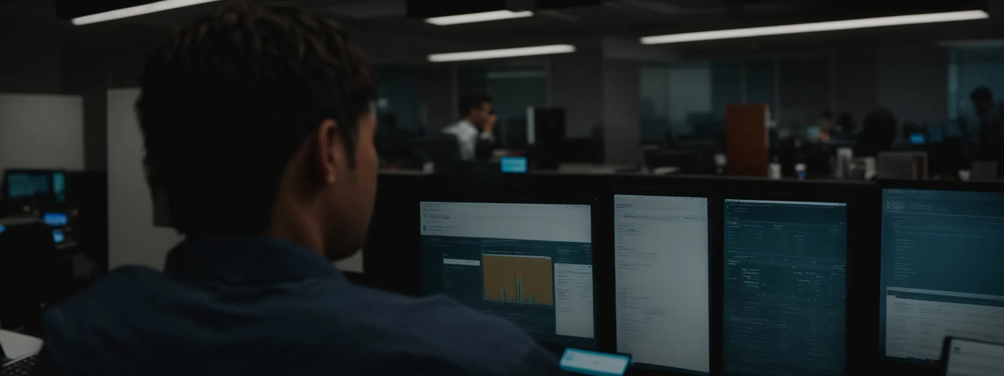 a person in an office setting engaging with a dashboard on a computer screen, exemplifying active online research.