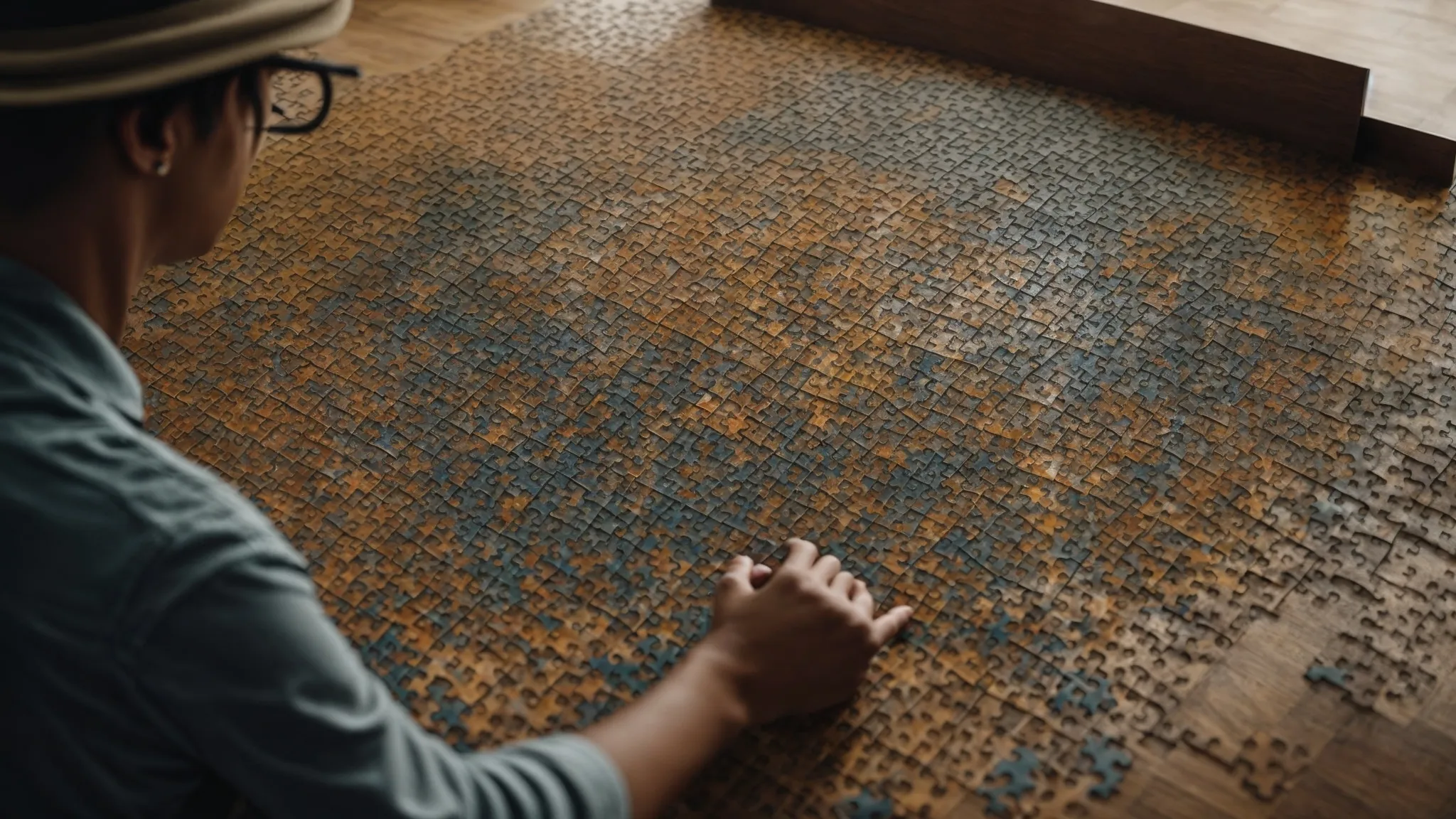 a person observes a large puzzle, carefully placing pieces that represent different keywords into a web-shaped structure symbolizing search queries.