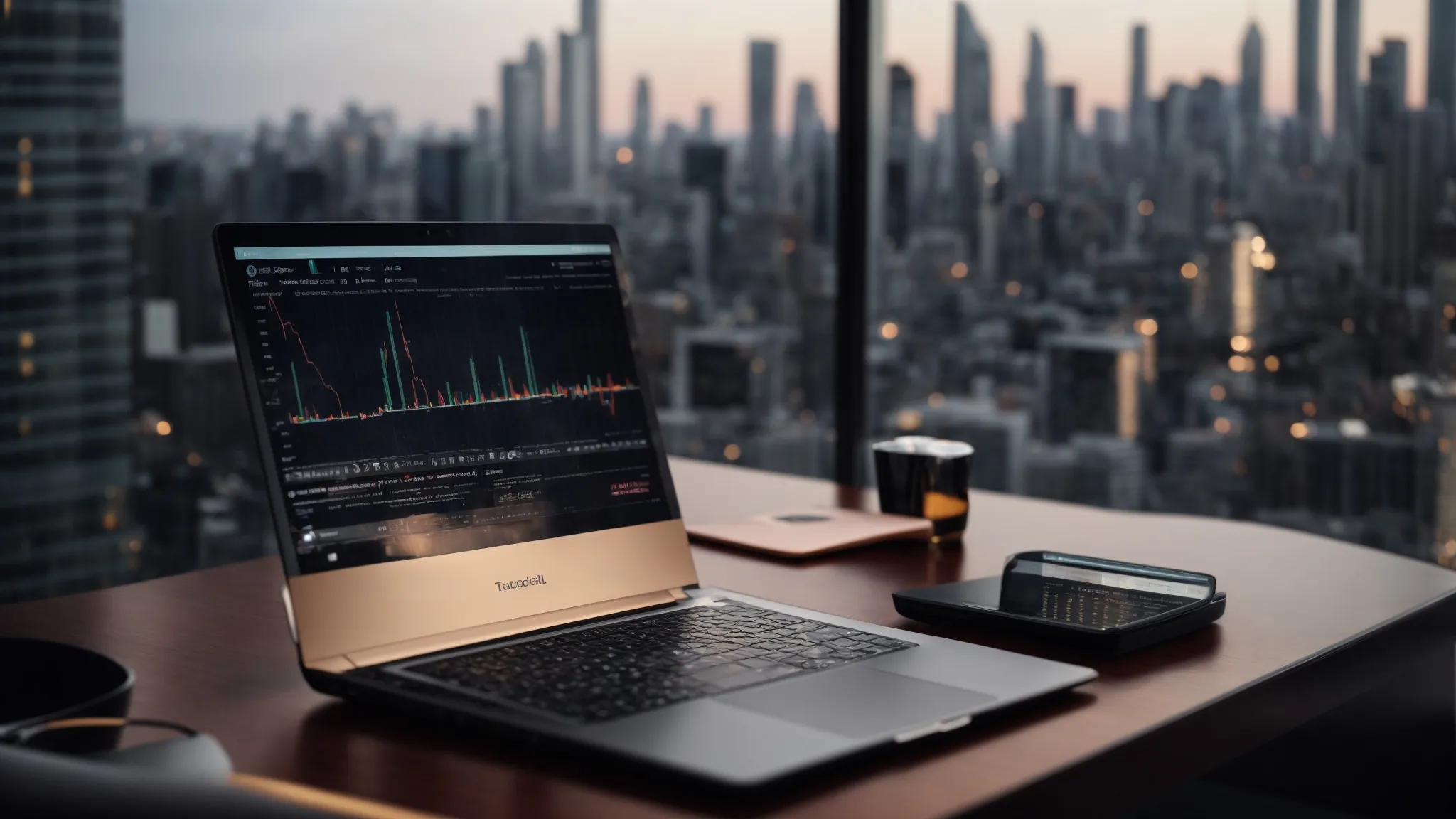 a laptop displaying intricate graphs and data analysis on a sleek desk with a backdrop of modern cityscape.
