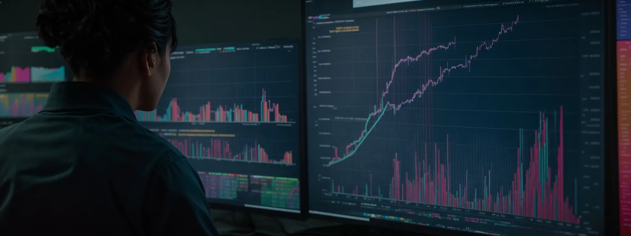 a person attentively reviews colorful graphs and charts on a computer screen, symbolizing data analysis for seo strategy.