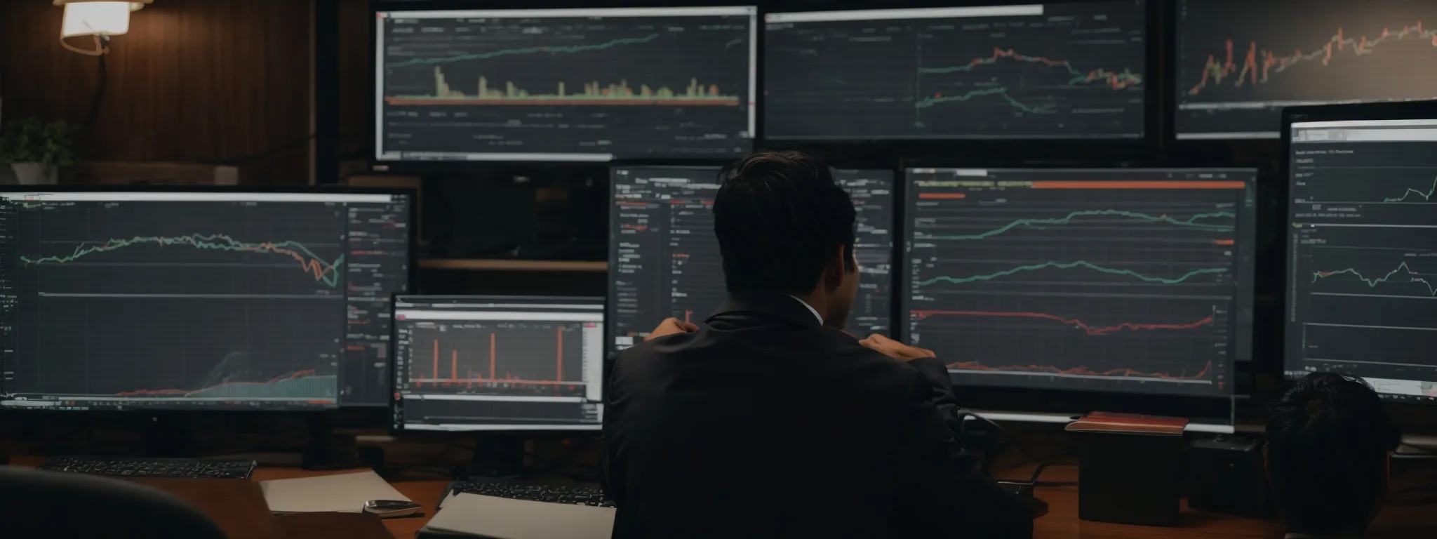 a person sits at a desk with a computer, intently focused on comparing graphs and charts that illustrate website traffic analytics.