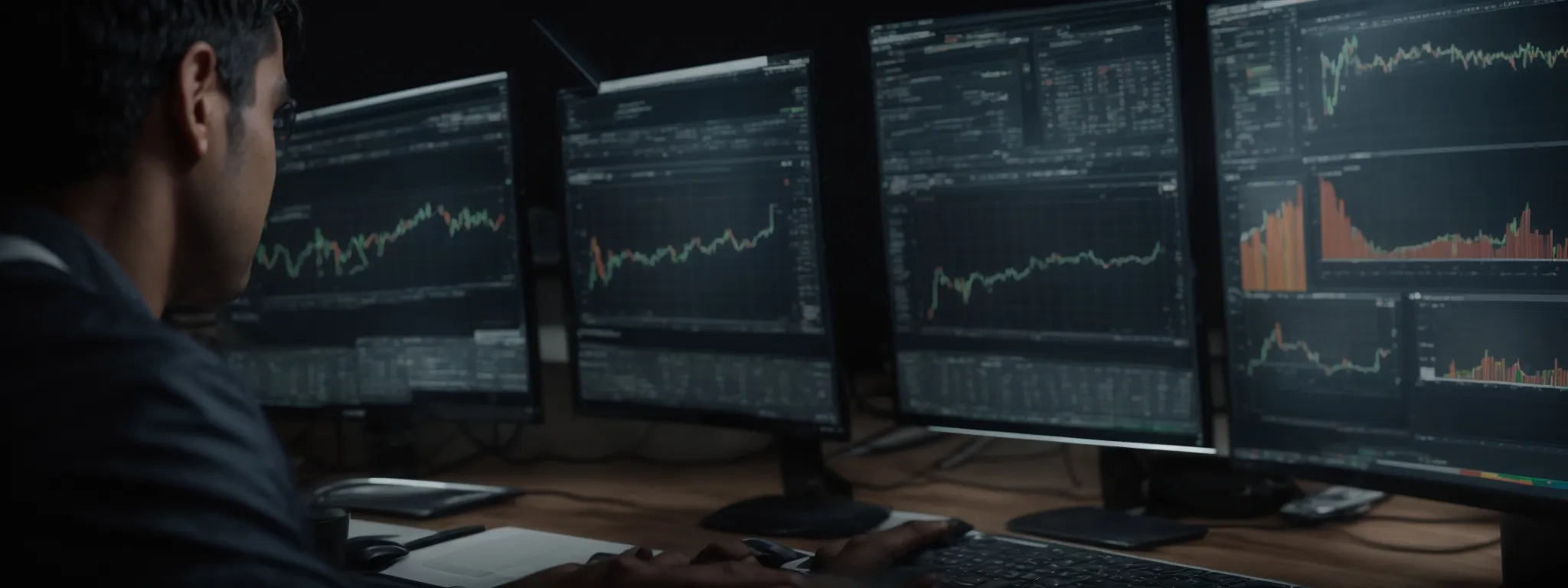 a marketer analyzing charts on a computer highlighting search trends and volumes.