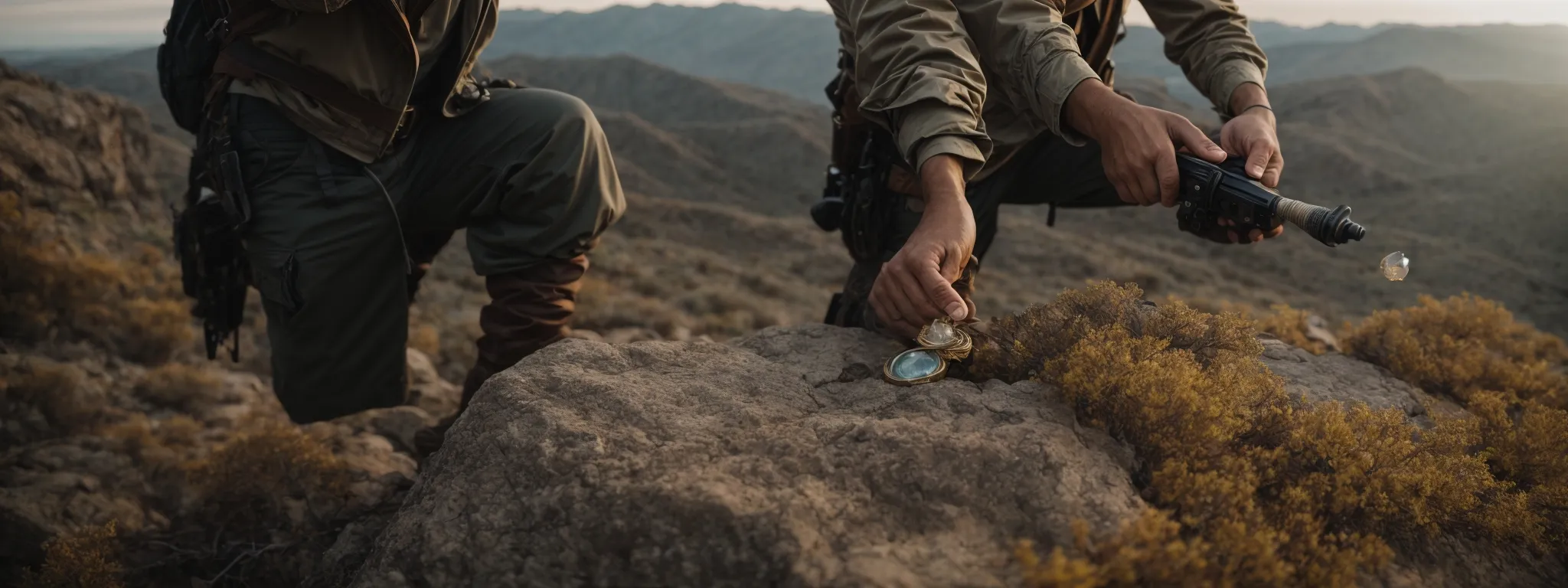 a scene of a treasure hunter wielding a sophisticated tool while delicately extracting a shining gem from a rugged landscape.