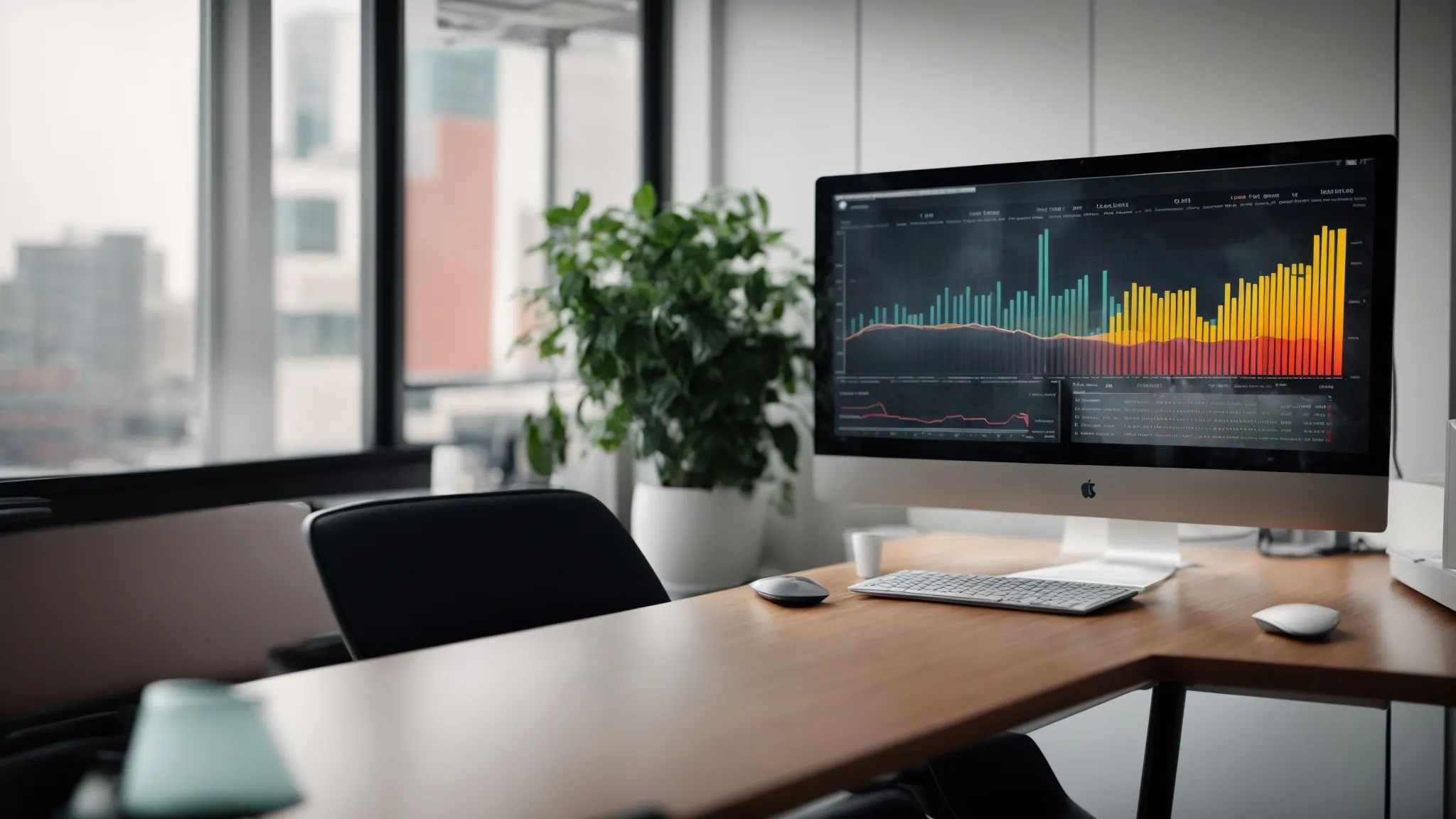 a computer screen displaying colorful graphs and keyword analysis dashboards in a minimalist office setup.