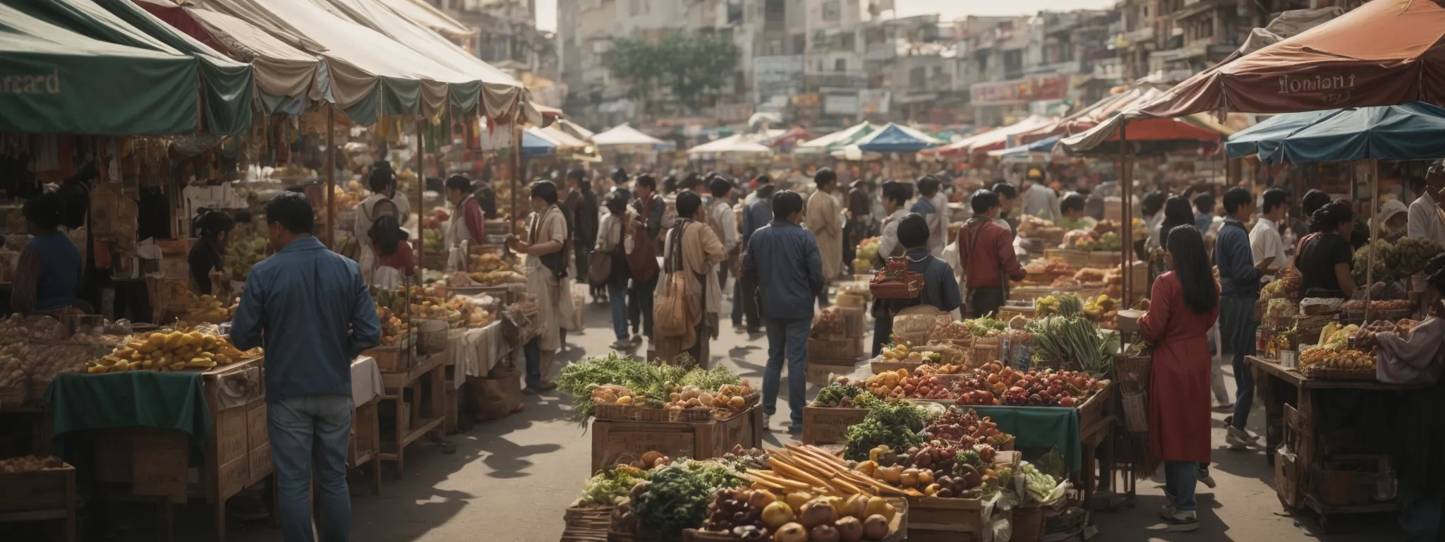 a bustling outdoor market scene with diverse local businesses actively engaging with customers.