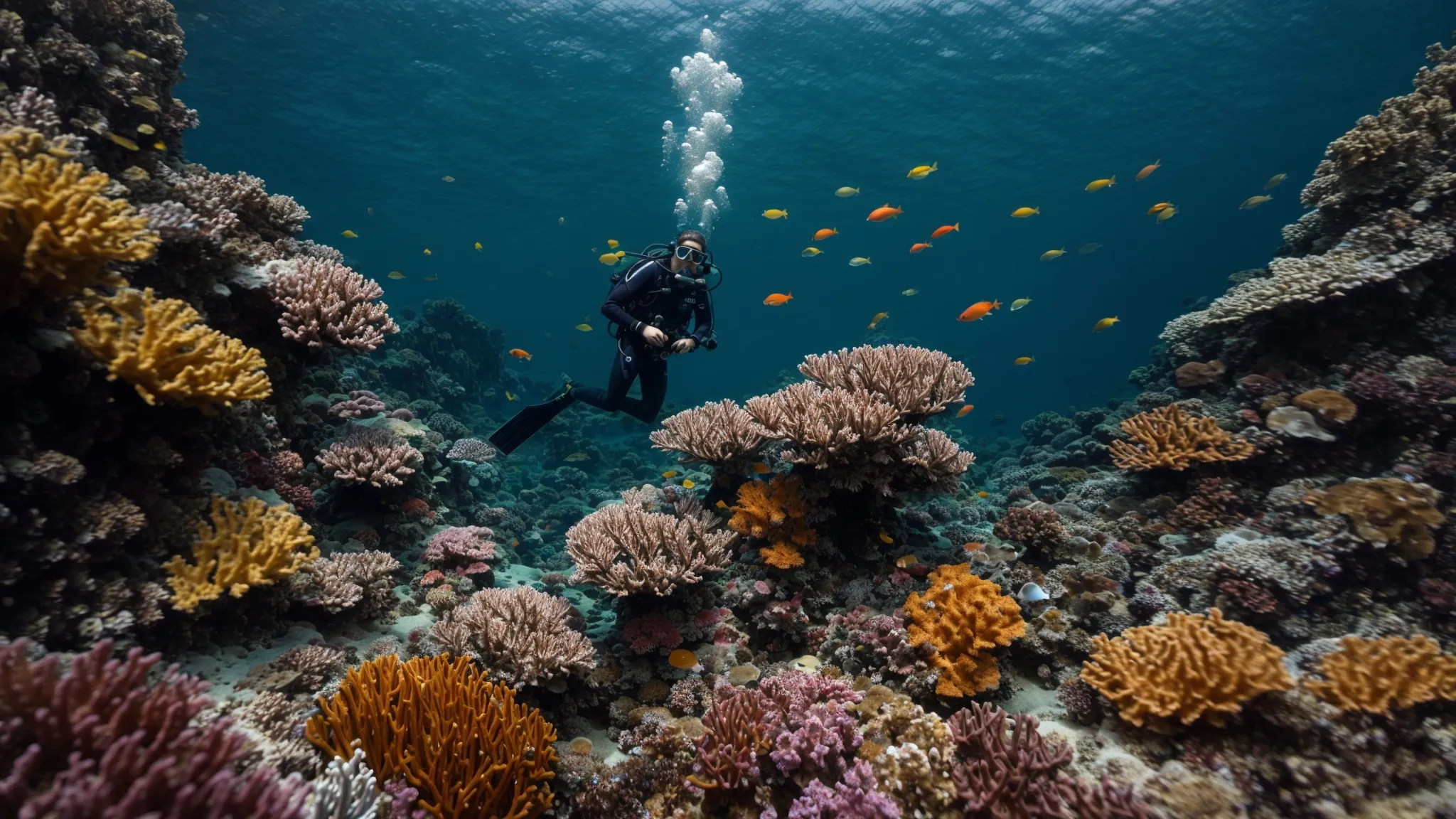a diver swims near the ocean floor amidst a treasure trove of colorful corals, symbolizing the exploration for valuable search terms.