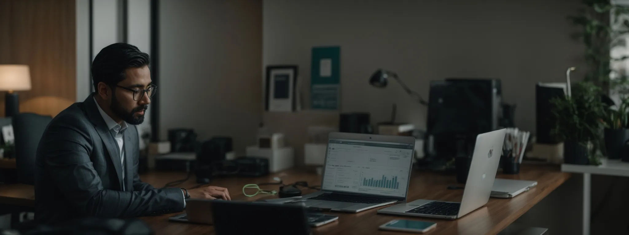 a digital marketing expert analyzes seo metrics on a laptop in a modern office while crafting a content strategy.