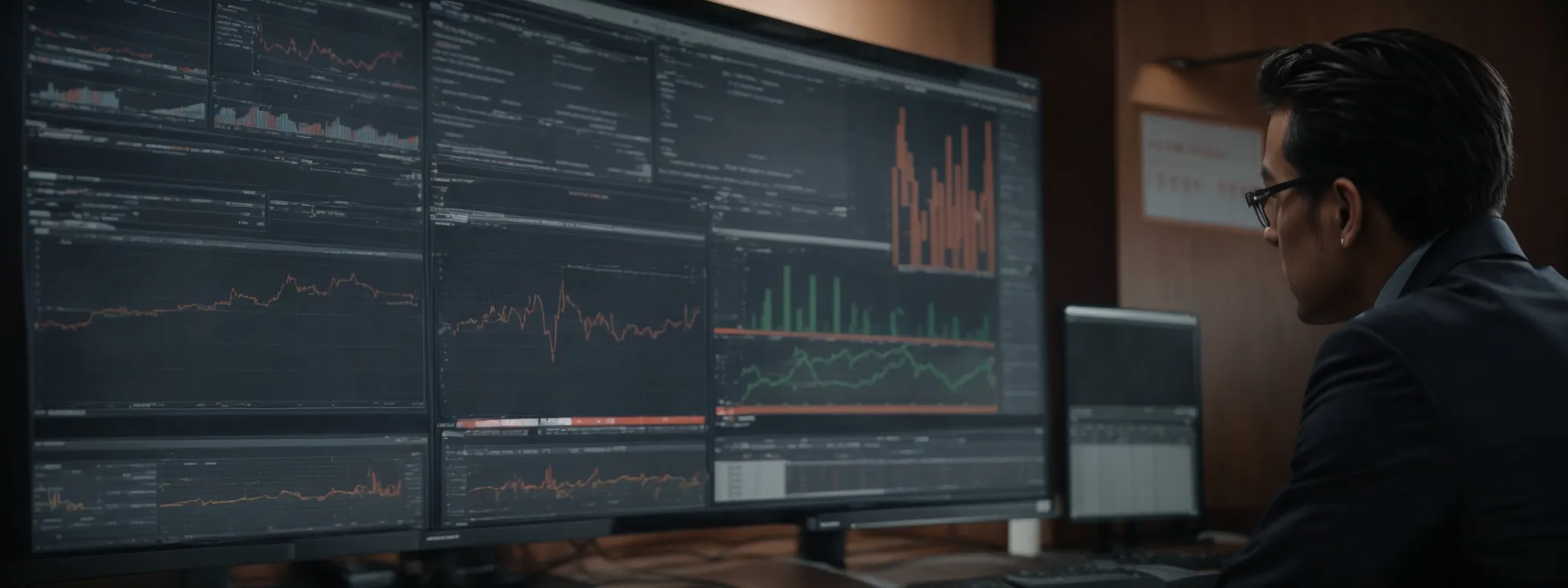 a marketing analyst reviews comprehensive data charts on a large monitor, determining the search trends and patterns that steer their keyword strategy.