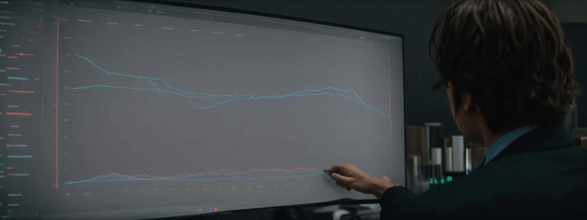 a person analyzing a graph on a screen showing search trend data.