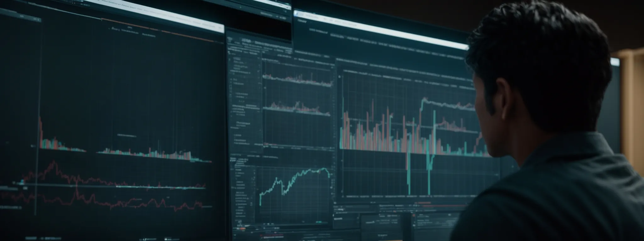 a focused individual observes intricate data visualizations on a computer screen, representing keyword analysis using searchatlas.