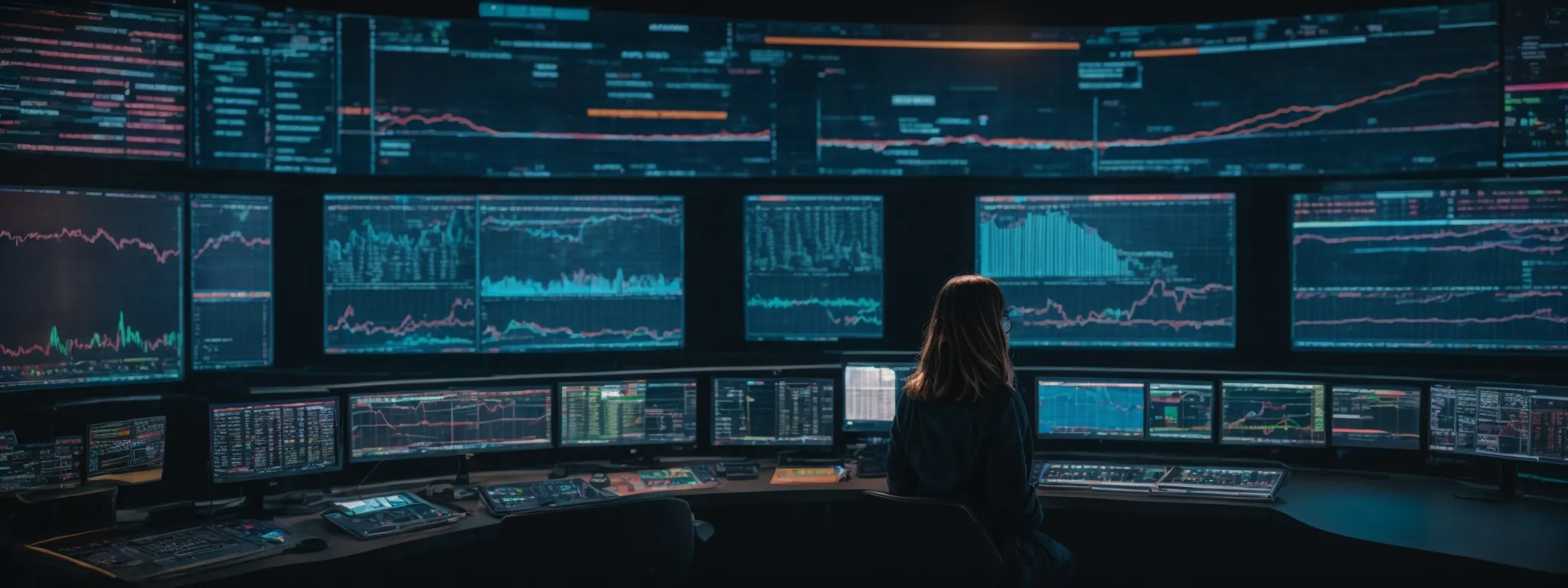 a person stands at the helm of a vibrant digital control center, analyzing large, interactive screens displaying seo metrics and keyword trends.