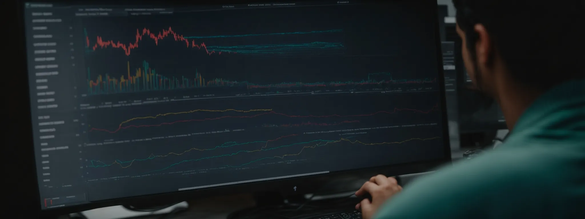 a person analyzing graphs on a computer dashboard that displays search trend data.