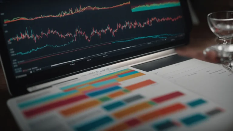 a person analyzes a colorful line graph on a computer screen to identify search trend patterns.