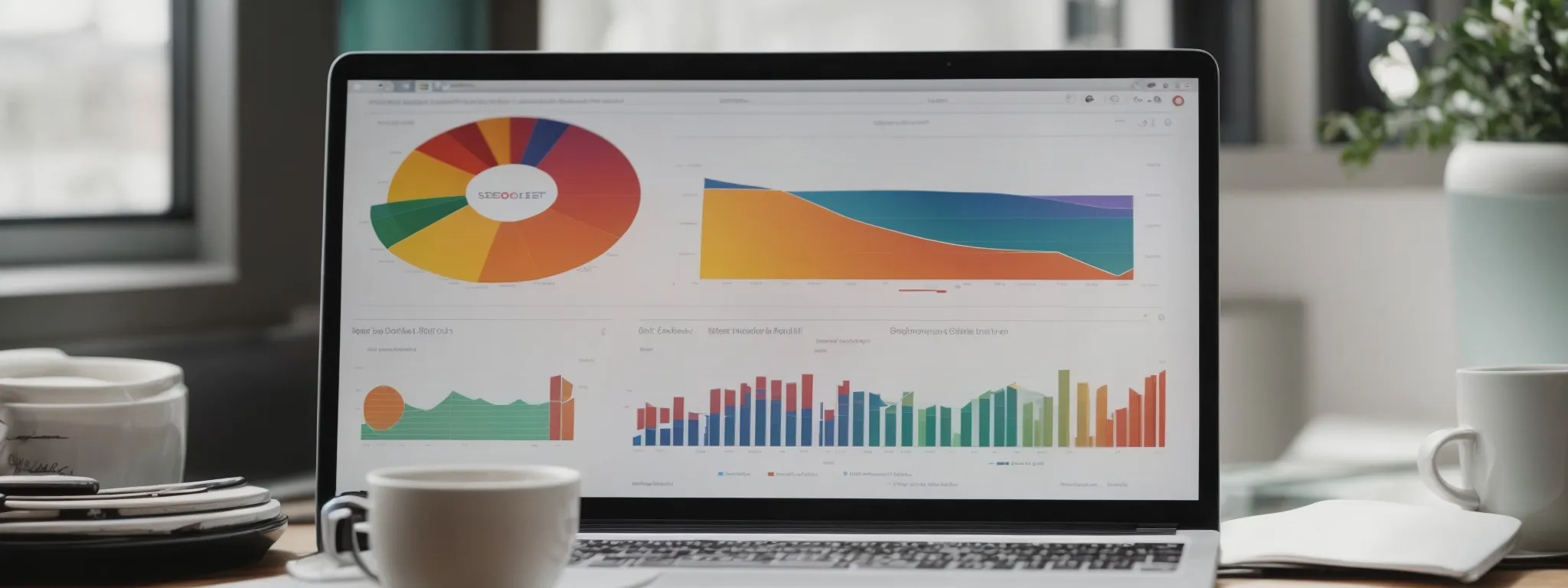 a laptop displaying colorful graphs and charts related to seo performance on a search engine's results page.