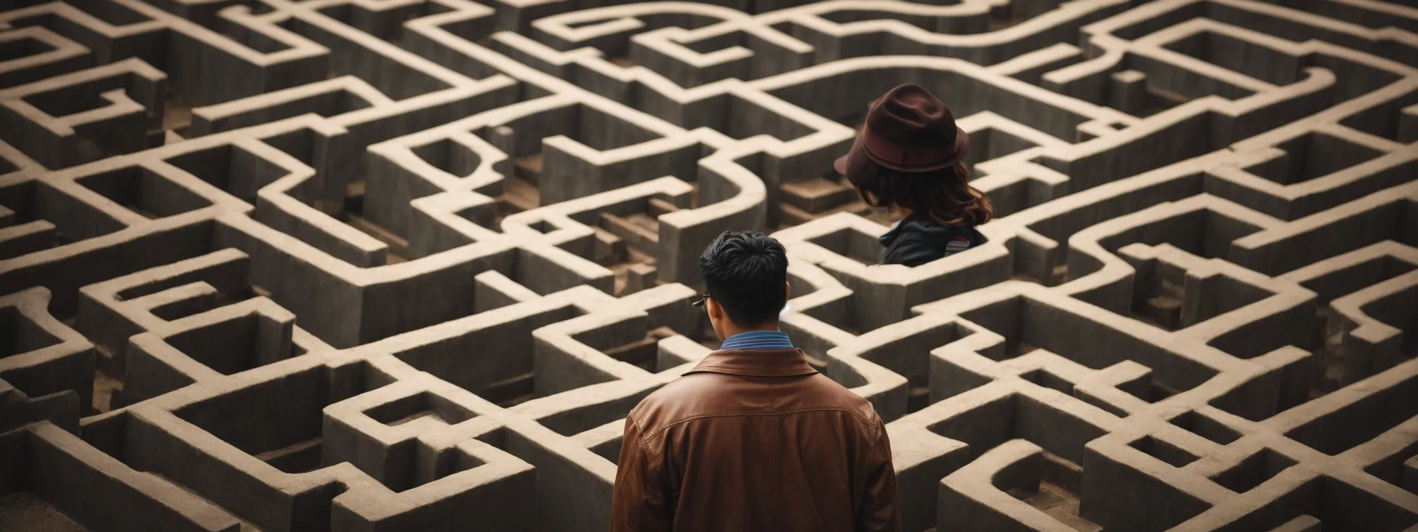 a person pondering over a maze designed with seo-related icons, highlighting the strategic pathway through it.