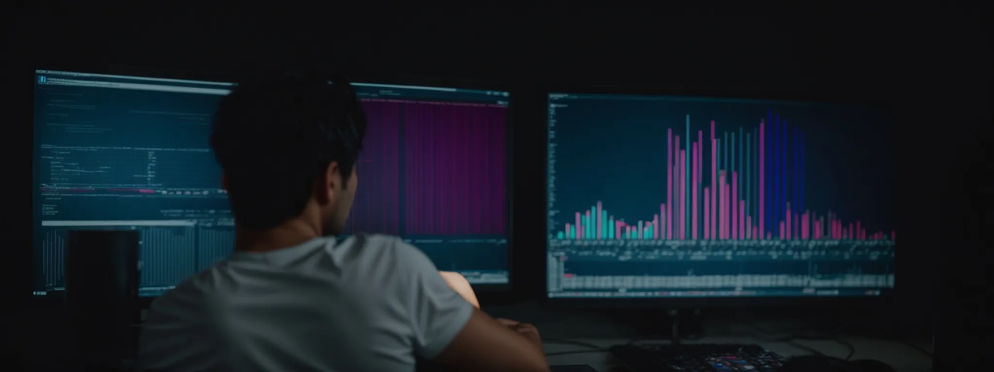 a person peering intently at a brightly lit computer screen displaying colorful analytics graphs, deep in thought.