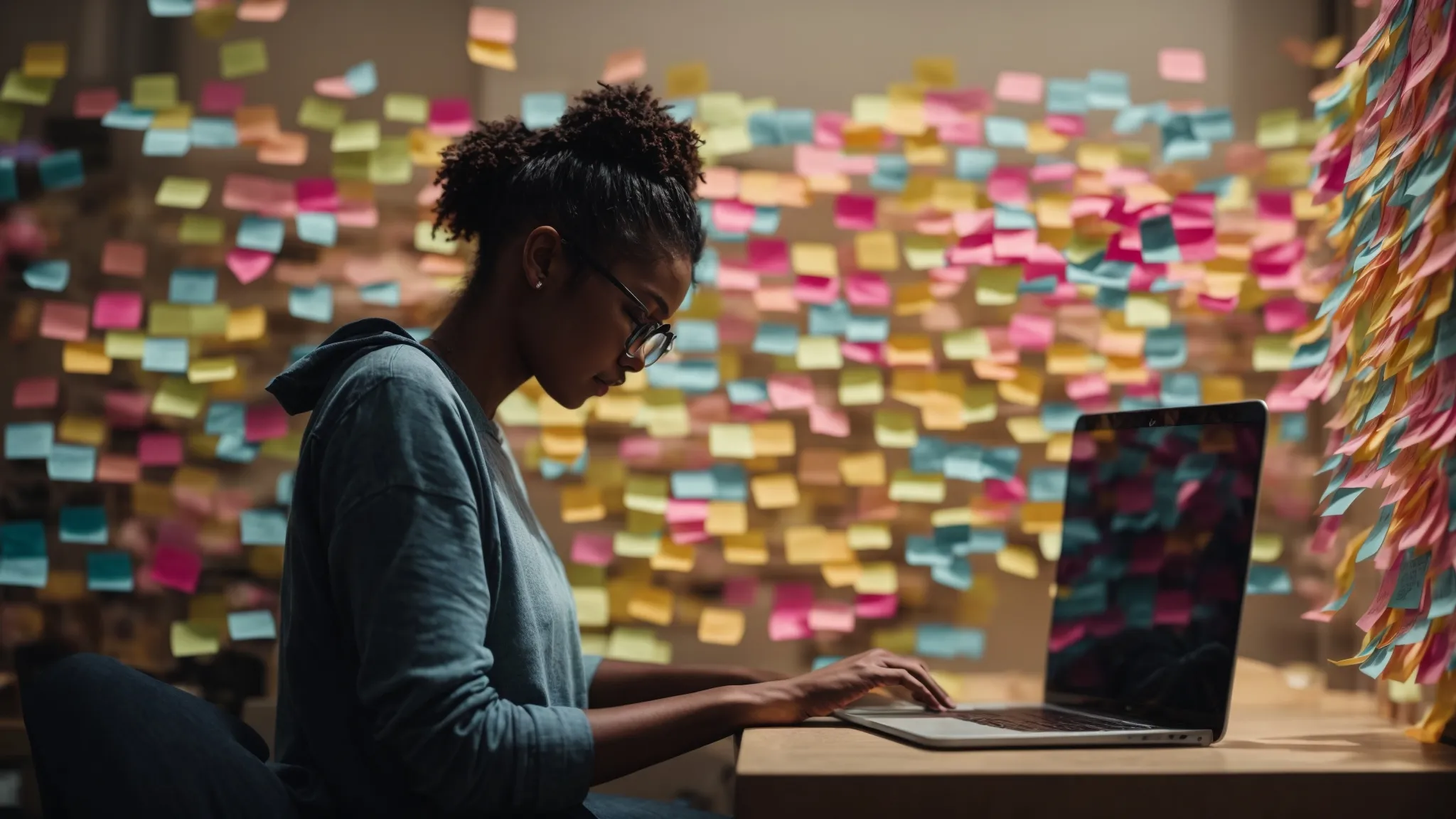 a person is typing on a laptop, surrounded by colorful sticky notes with various keywords highlighted.