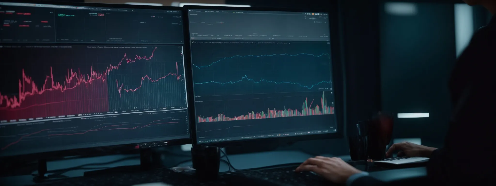 a person analyzing vibrant graphs and charts on a computer screen, illustrating search volume trends and keyword analytics.