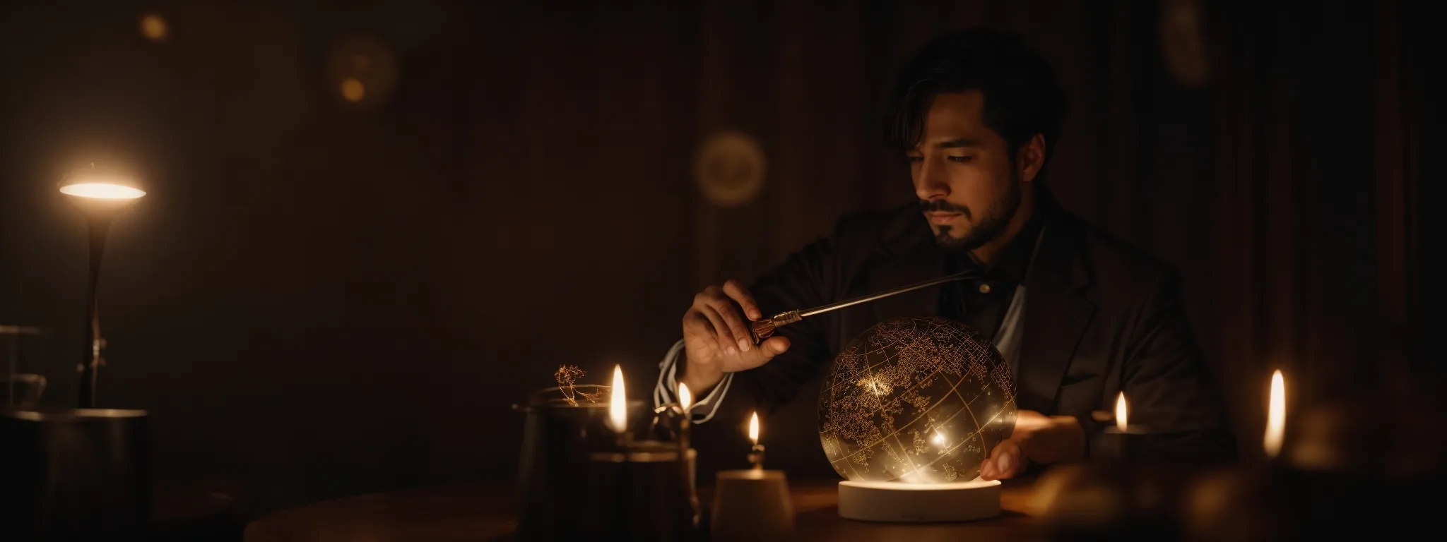 a magician with a wand casting a spell over a glowing globe representing a successful web search strategy.