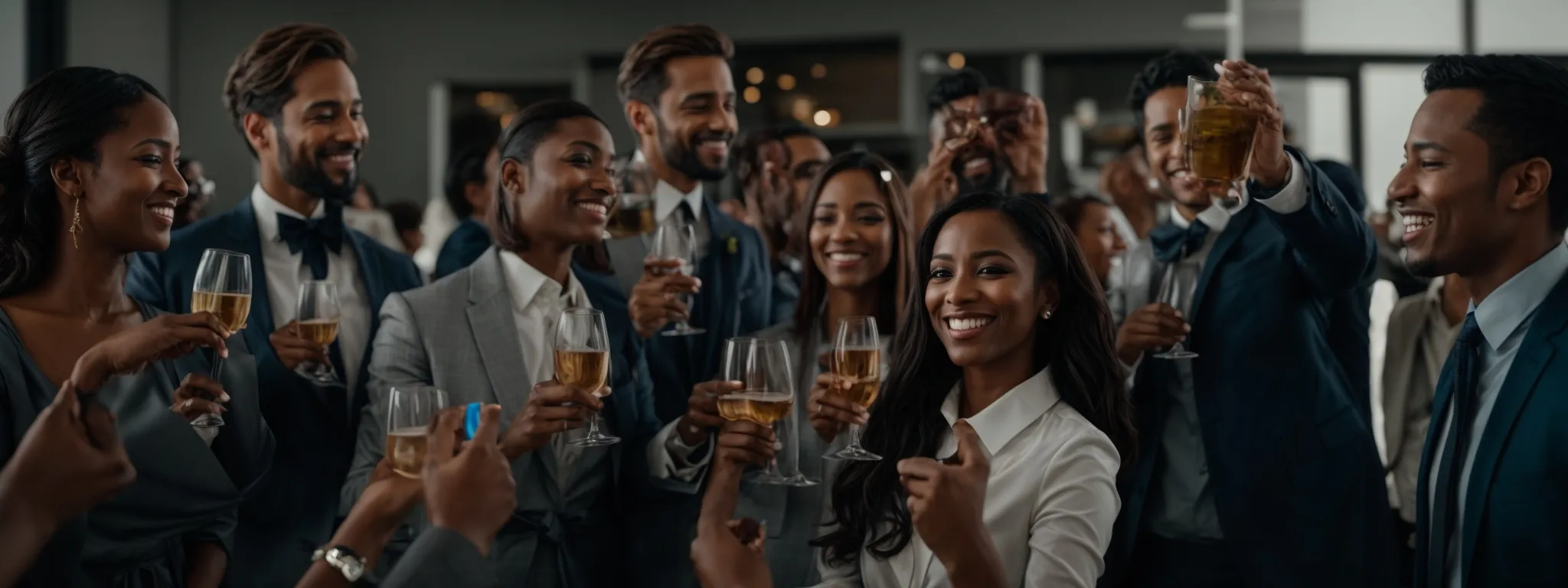 a diverse group of smiling professionals raises their glasses in a toast during a celebratory moment in a sleek, modern office.